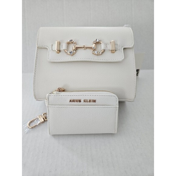 Anne Klein 2 Piece Flap Crossbody Set White With Goldtone And Rhinestones - Picture 1 of 15